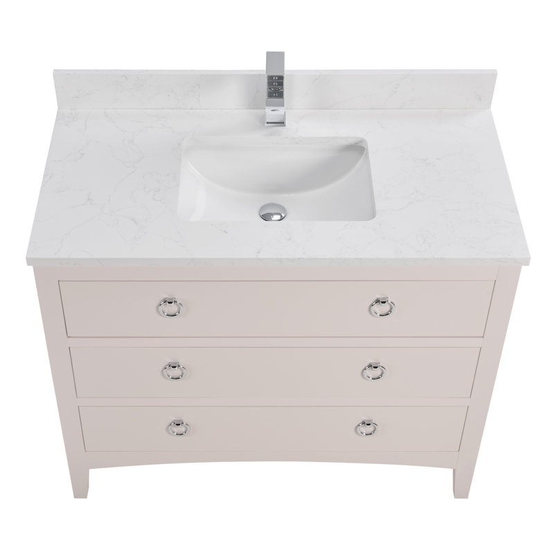 42" Solid Wood Sink Vanity With 1' Top, Polished Chrome, Dreamy White, 42"