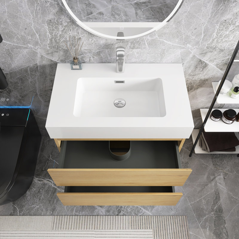30 in. Single Wall Mounted Bathroom Vanity with Top, Oak