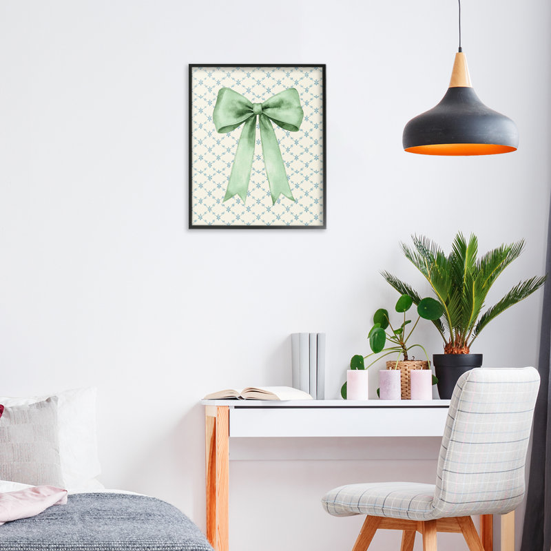 «Green Bow on Rose Quilt», giclée encadrée par Petal Prints Design, H 14 po x l 11 po, Giclée encadrée noir minuit