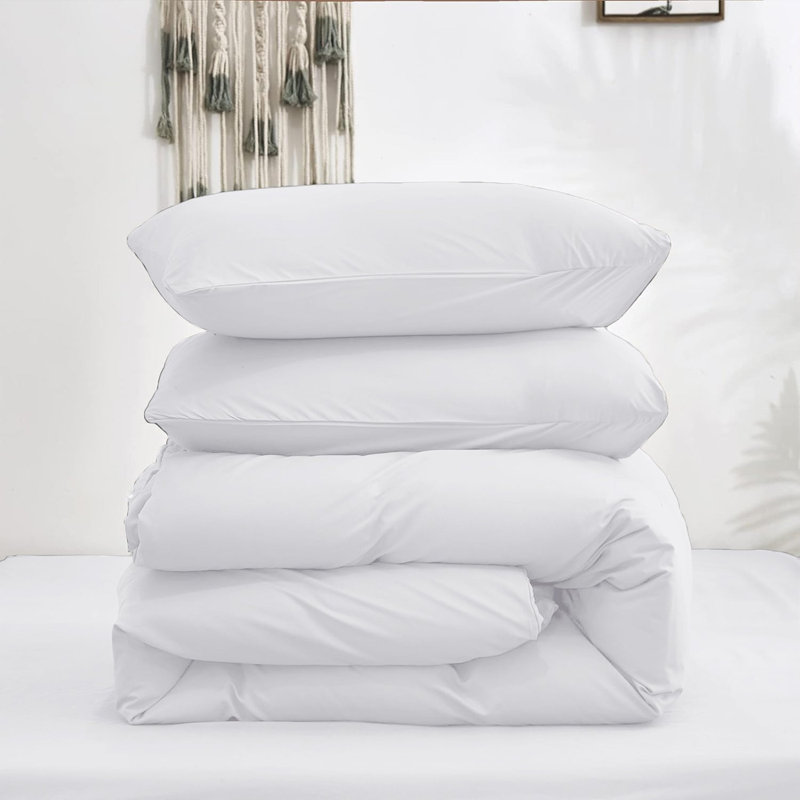 Premium 4-Piece Ultra-Soft Microfiber Duvet Complete Cover Set, White, Double Duvet Cover + 3 Additional Pieces