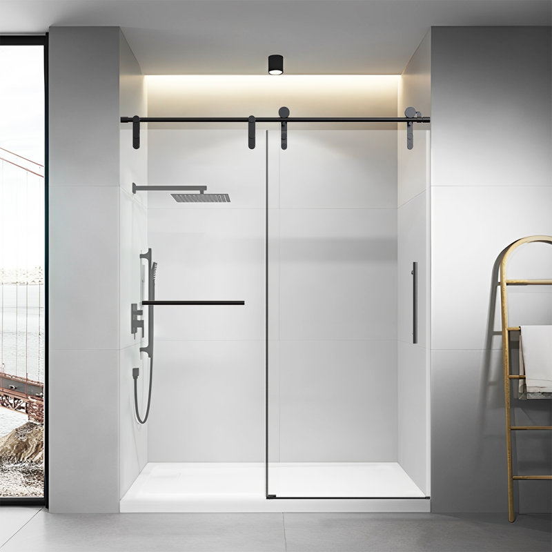 56-60" W * 76" H Frameless Single Sliding Shower Doors Without Soft-close, Bathroom Sliding Shower Door With Towel Rail And Auxiliary Handle, 5/16" (8mm) Thick Sgcc Tempered Glass Door, Matte Black