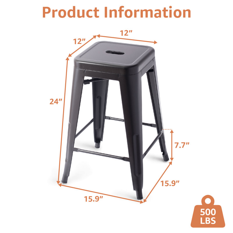 Ensemble de 4 tabourets de bar 24 pouces en métal noir, Noir, Tabouret de comptoir (siège d’une hauteur de 24