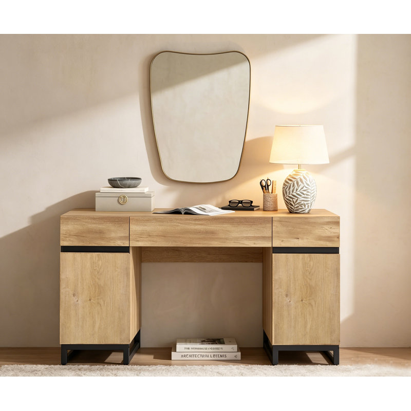 59" Modern Vanity Desk With Drawers, Bedroom Makeup Vanity Desk With Charging Station, Storage Cabinet, Wood Dressing Vanity Desk For Bedroom Dresser & Cosmetic Organization