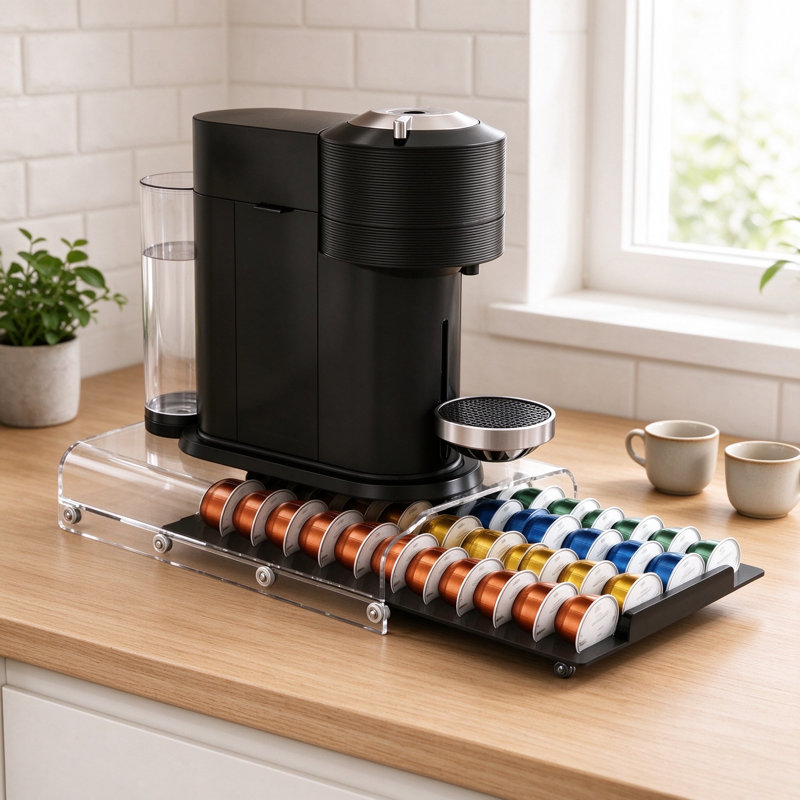 Porte-dosette pour dosettes Nespresso Vertuo, organisateur de tiroir à dosettes en acrylique transparent avec rouleau coulissant en douceur, rangement robuste