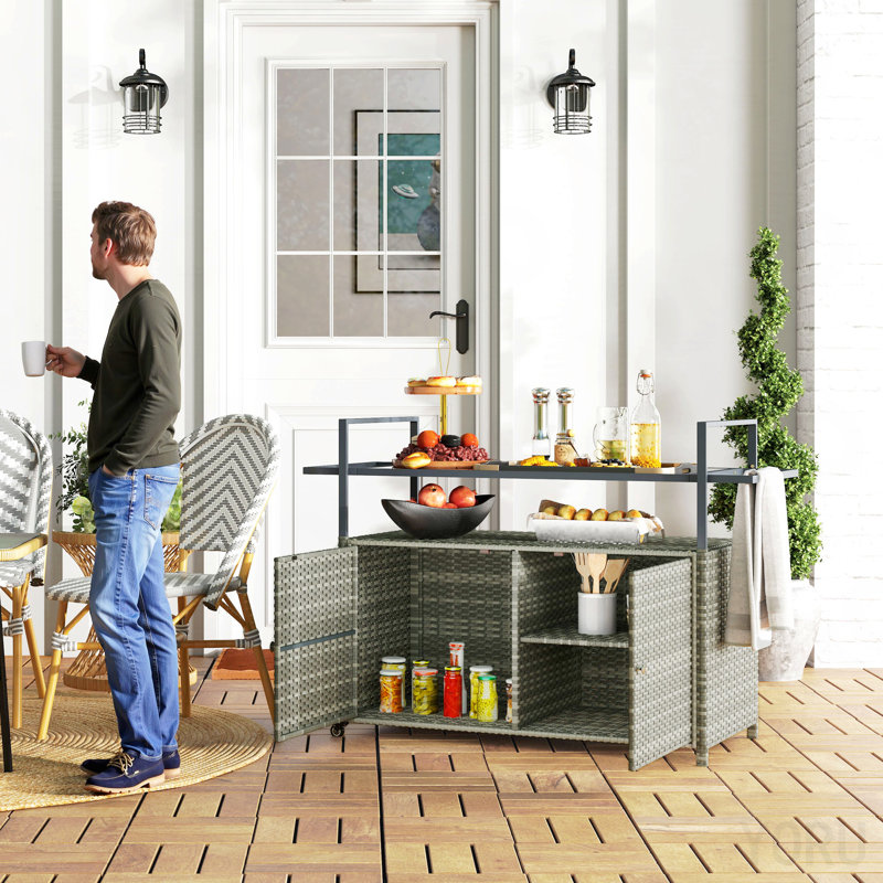 Table de bar d'extérieur en osier avec tablette à 2 niveaux et armoire, gris mélangé