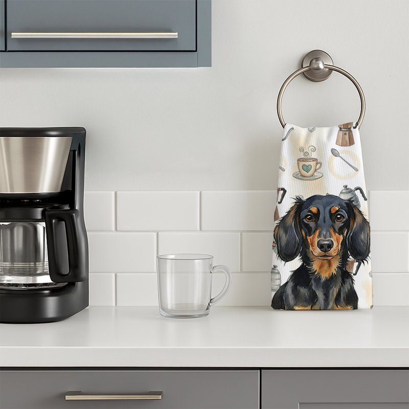 Longhaired Black and Tan Dachshund Coffee Bar Kitchen Towel, Longhaired Black and Tan Dachshund