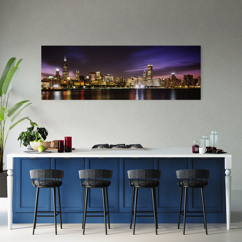 Buildings at the waterfront lit up at night Sears Tower Lake Michigan Chicago Cook County Illinois USA 1 Piece Wrapped Canvas Panoramic Wall Art