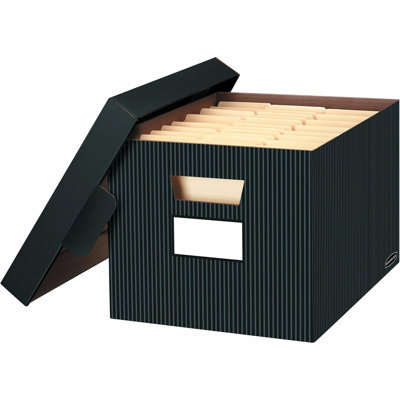 Box 4 Pack STOR/File Decorative Medium-Duty File Storage Boxes, Fastfold, Lift-Off Lid, Letter/Legal, Black/Gray Pinstripe
