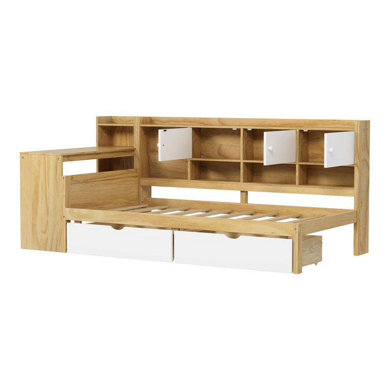 Lit de jour en L naturel blanc avec rangement à deux tiroirs - matelas simple