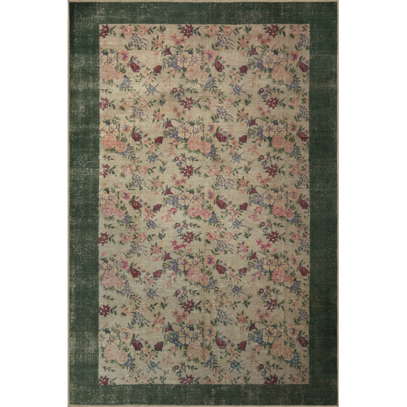 Tapis décoratif vert moderne beige à motif floral rose, Tapis de couloir 2 pi 8 po x 6 pi 7 po