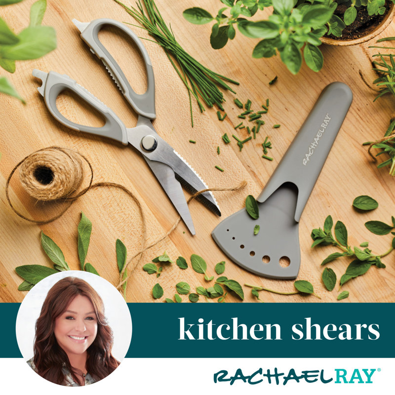 Rachael Ray Professional Multi Shear Kitchen Scissors With Herb Stripper And Sheath, Agave Blue, Gray
