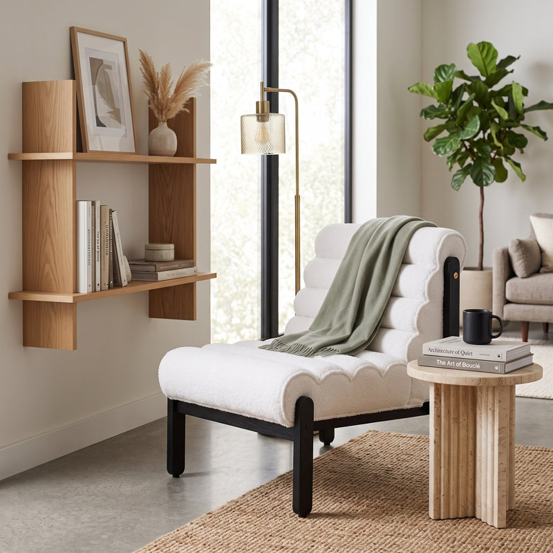 Chaise rembourrée 25 po sans accoudoirs avec structure en bois massif Shearling, Beige Polyester