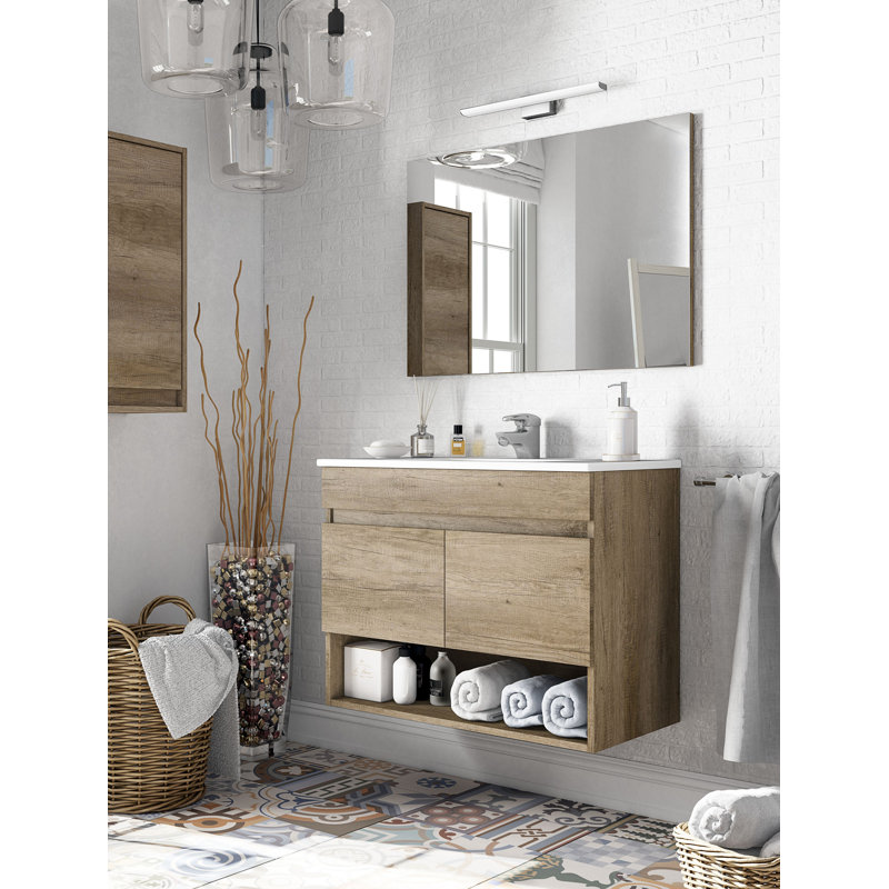 Shreveport 2 Door Bathroom Cabinet, Suspended Cabinet With Shelf And Mirror, Sink Not Included