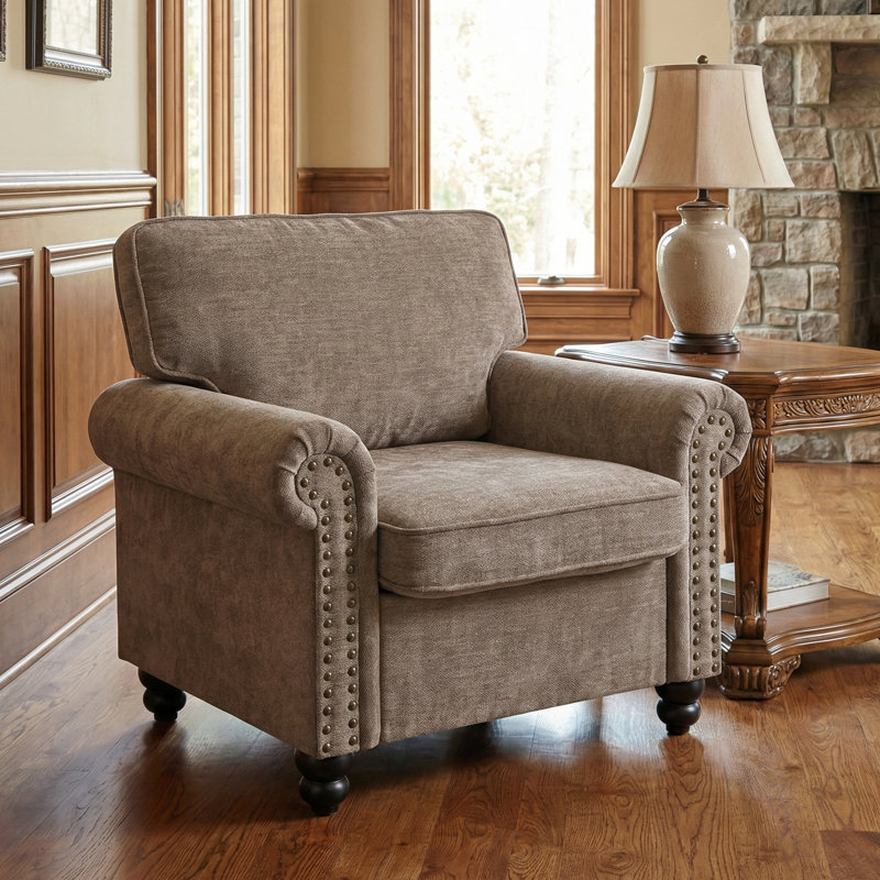 Rolled Arm Chair, Nailhead Chair for Living Room, Chenille Fabric Sing Sofa Chair, Brown, Brown