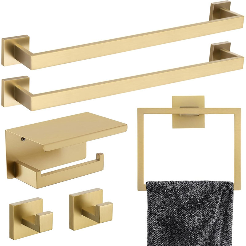 6-Piece Bathroom Hardware Set - Stainless Steel Wall Mounted Towel Bar, Towel Ring, Coat Hook And Toilet Paper Holder With Shelf - Durable And Waterproof Bathroom Accessories