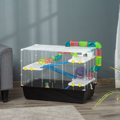 Grande cage à hamster de 31 po Tucker Murphy Pet ™, petite maison pour animaux, refuge Gerbil à plusieurs étages, système de tube tunnel, avec bouteille d'eau, roue d'exercice, plat à nourriture, rampes, blanc