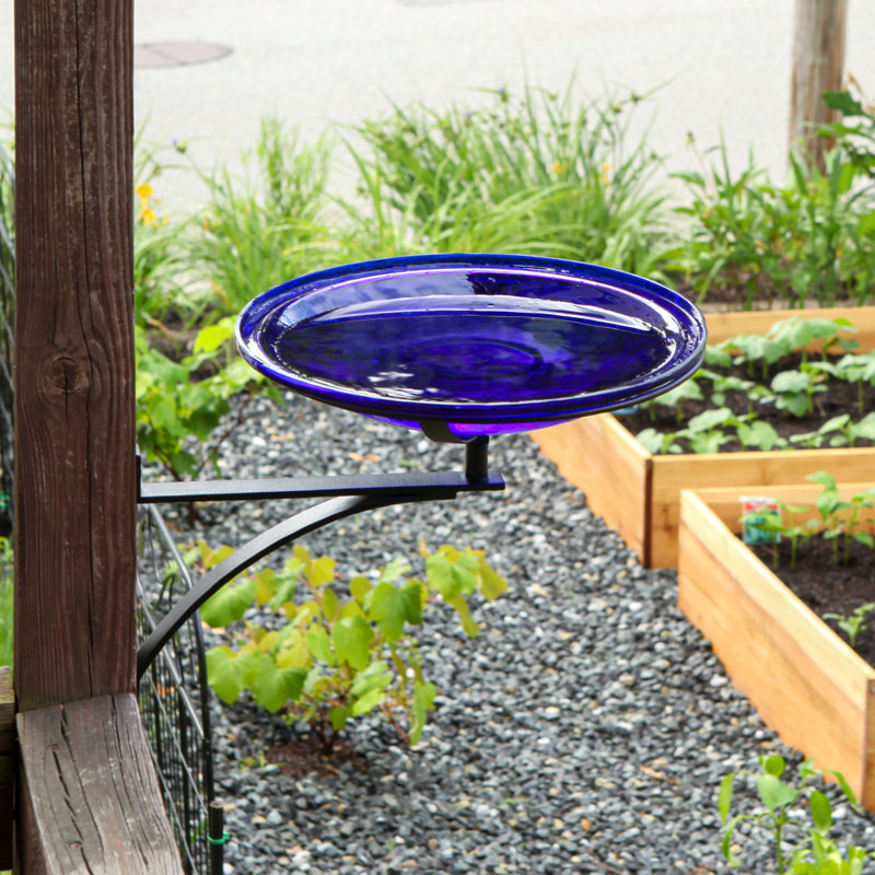 Cobalt Blue Crackle Glass Birdbath with Wrought Iron Wall Bracket