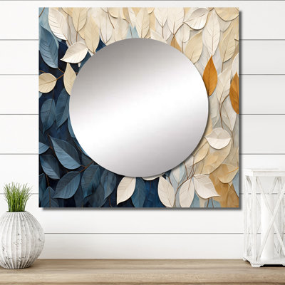 Beige And Blue Minimalism Leaves Collage - Leaves Large Square Mirror Wall Decor For Bedroom
