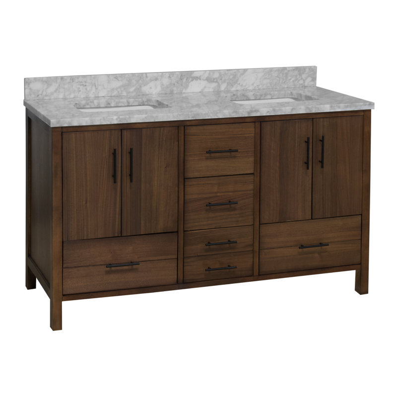 Kiara 60'' Double Bathroom Vanity with Top, Carrara Marble, Walnut