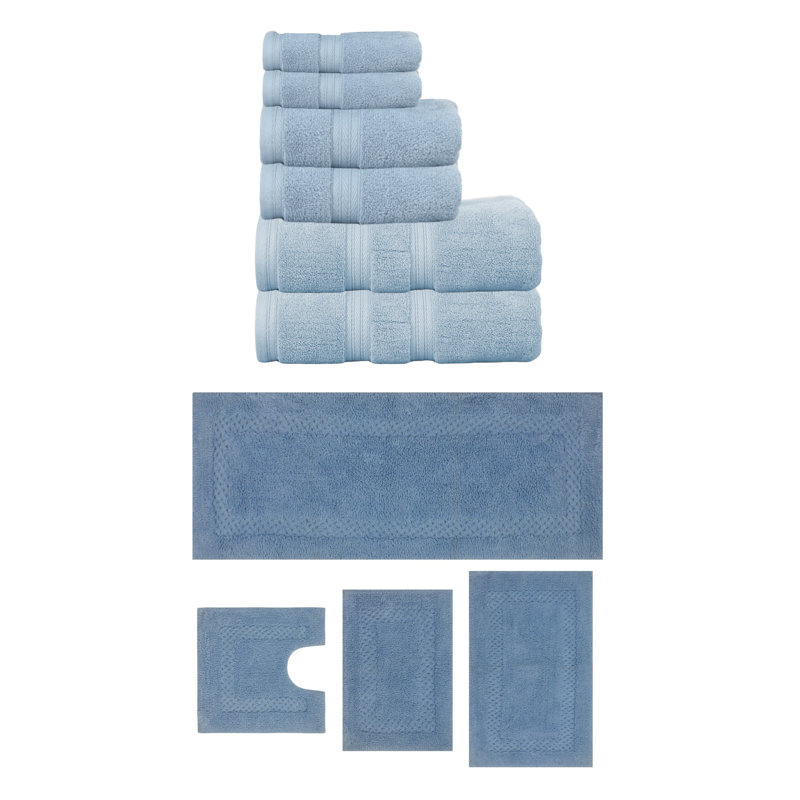 Ensemble de serviettes de bain 3 pièces et tapis de bain 4 pièces Classy, ensemble de 7, ivoire, Bleu