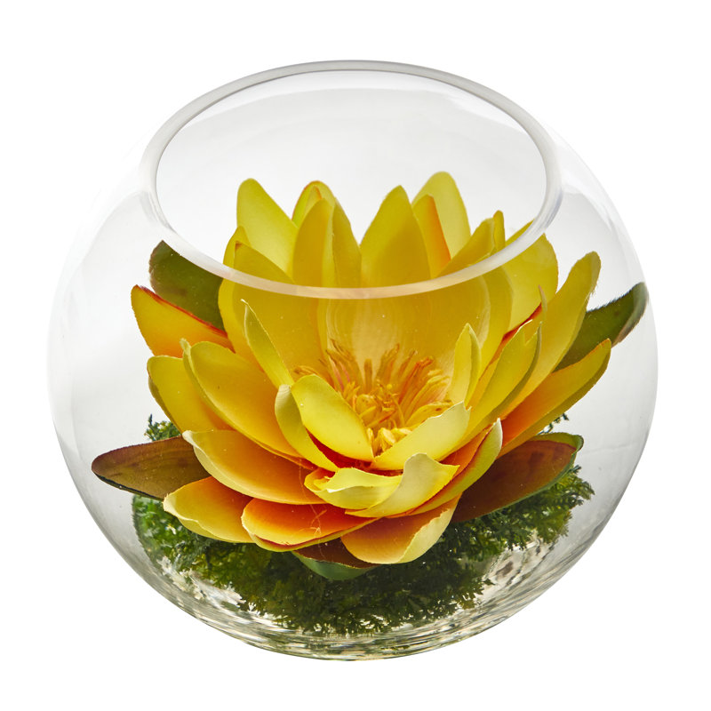 Yellow Lotus Artificial Arrangement in Glass Vase with Faux Moss