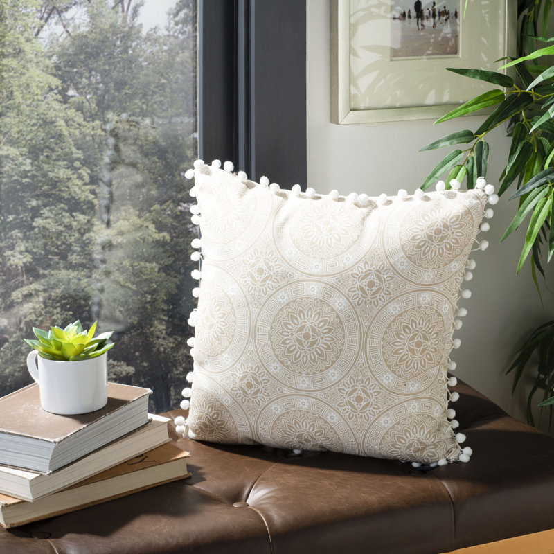 Beige and Gray Floral Medallion Pom Pom Pillow