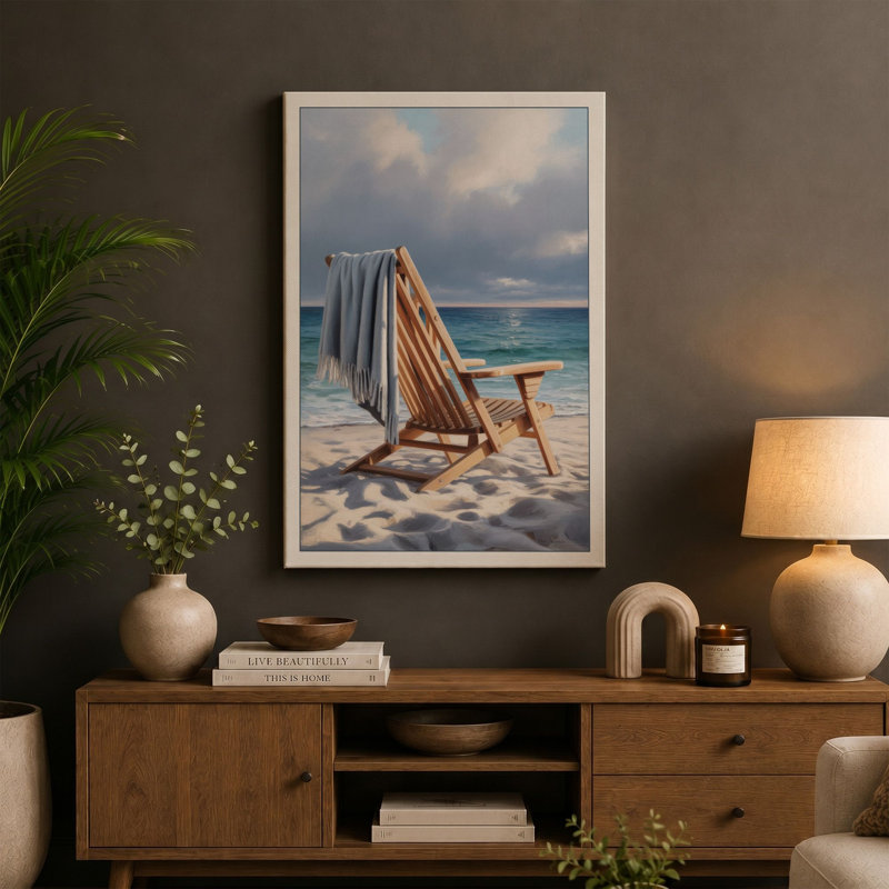 Beach Chair at Daybreak Coastal - Wrapped Canvas, 24x16 - 61.0 x 40.6 cm, Sage Border