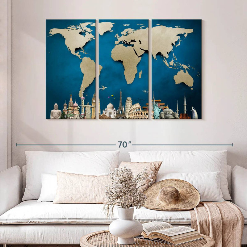 Carte du monde océan bleu 3 pièces, H 32 po x l 50 po x P 1,25 po