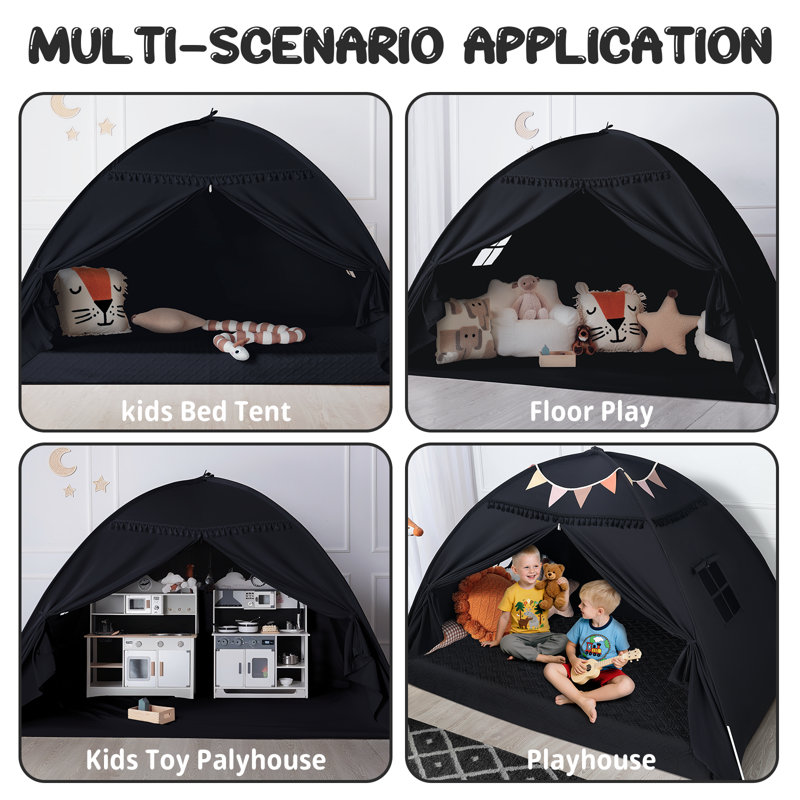 Large Kids Teepee Tent with Star Lights & Flags - Indoor Toddler Playhouse for Boys & Girls | Canopy for Playroom, Bedroom - Perfect Gift Toy (Black)