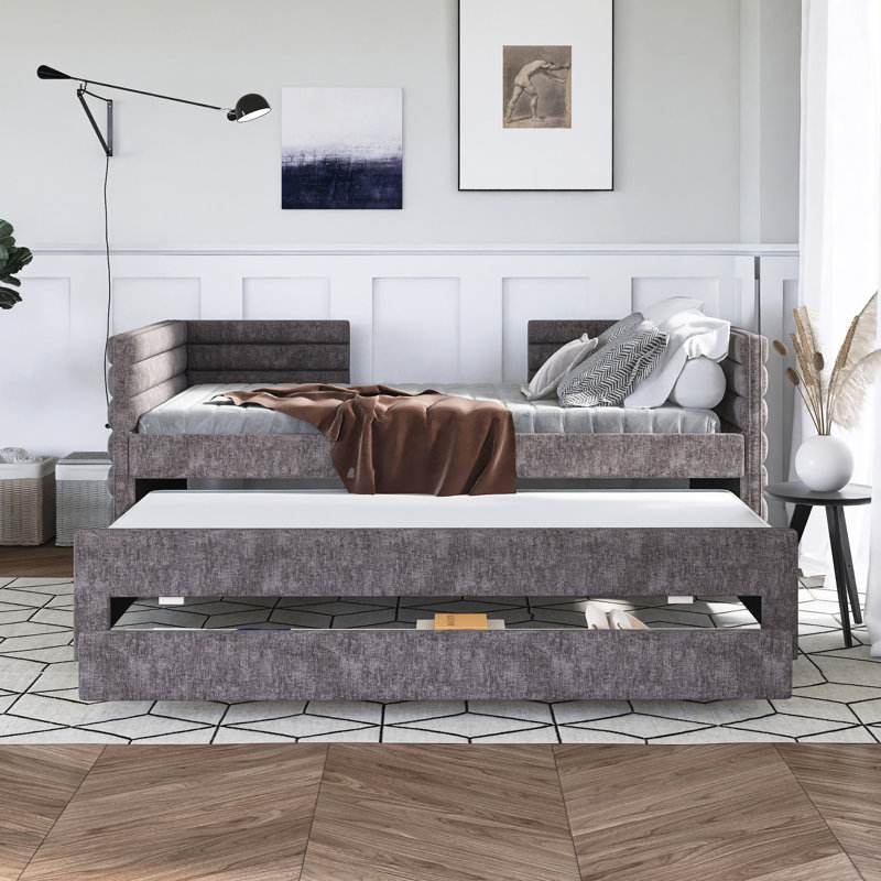 Lit de jour simple en L tapissier avec couchette, 3 tiroirs, Gris