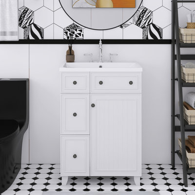 Meuble-lavabo autoportant 24 po avec lavabo en céramique et 2 tiroirs, 1 porte