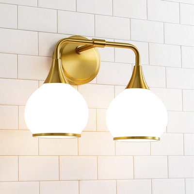 Luminaire de salle de bain 2 lumières à finition or brossé avec abat-jour en verre givré blanc laiteux et applique murale pour salle de bain 14 po (excluant l'ampoule E26)