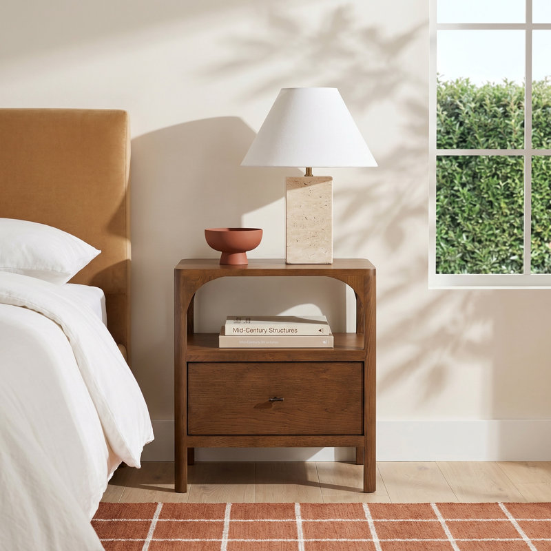 Kaela Mid Century Solid Wood Nightstand with Warm Walnut Finish and Open Shelf Storage for Modern Bedside Organization