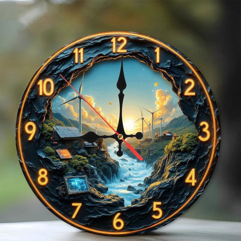 Sunset Waterfall Clock Green Energy Windmill