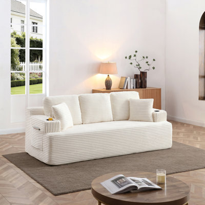 Ultra-Soft Corduroy Fabric Sofa with 2 Pillows, 3 Seater with Cup Holders & Side Pockets, Easy Installation for Small Spaces