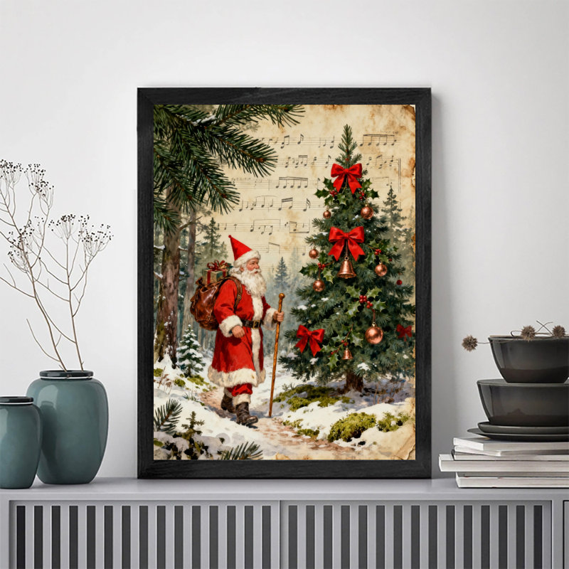 Art mural rétro noir avec père Noël et arbre de Noël, impressions de style rétro, H 11 po x l 9 po