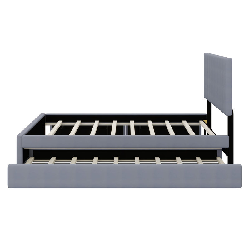 Grand lit plateforme tapissier en velours avec 2 tiroirs et 1 lit gigogne simple, structure de lit en bois, Gris