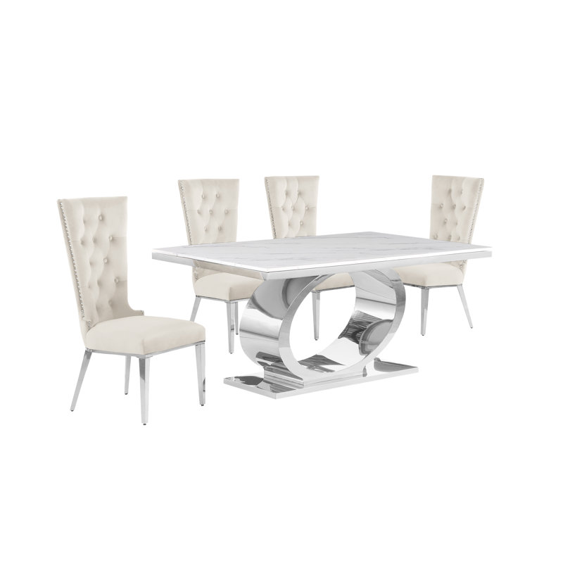 Kiarna Pedestal Dining Set, Cream/Silver, 5, Silver