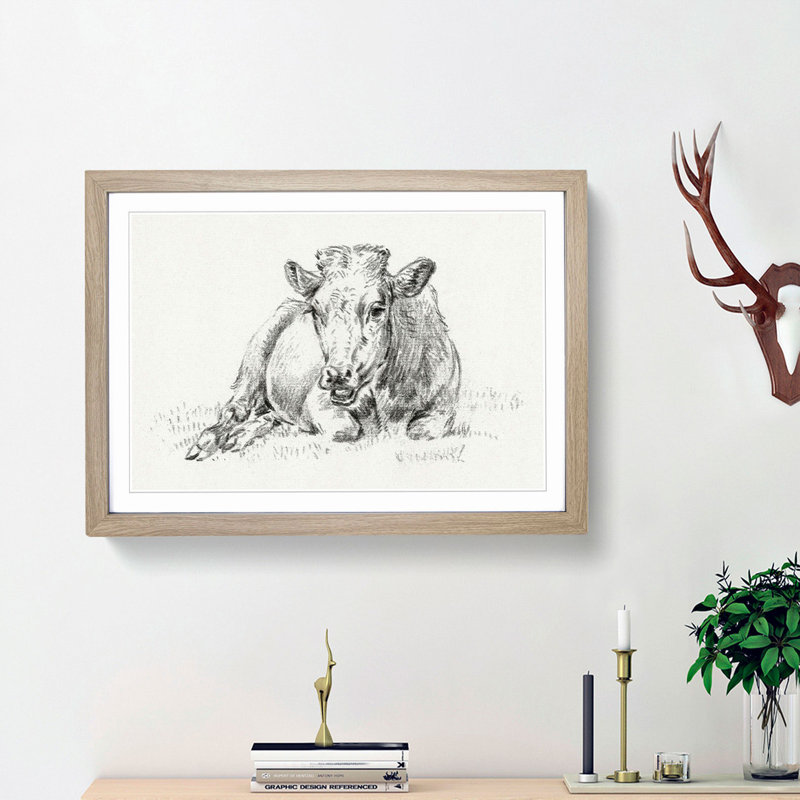 The Resting Cow by Jean Bernard - Picture Frame Drawing Print, 36cm H x 48cm W x 2cm D, Oak Framed