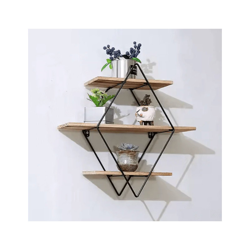 Diamond 3-tier Wall-mounted Shelf With Iron Frame And Wooden Panels – Modern Industrial Rustic Display Rack For Living Room, Bathroom, Bedroom, Or Office