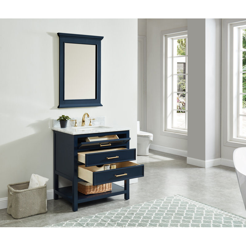 Colleen 30'' Single Bathroom Vanity with Marble Top, Navy Blue, Polished Marble