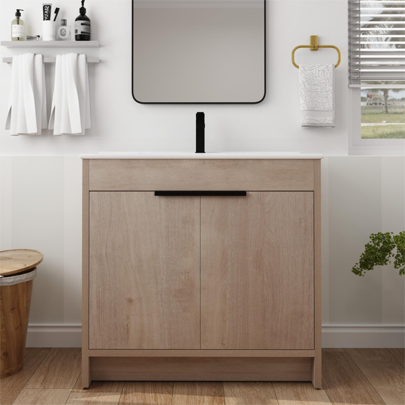 Meuble-lavabo sur pied simple 36 po avec comptoir en céramique Lailany, Chêne clair uni