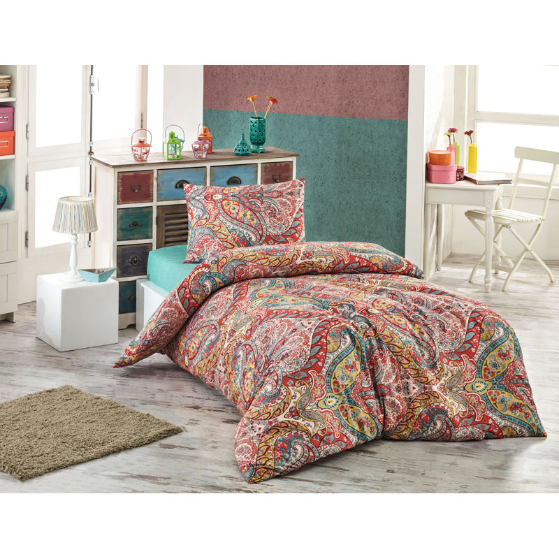 Ensemble de housse de couette en mélange de coton vert / mauve Crompton, Housse de couette 61 "x 87" + 2 pièces supplémen