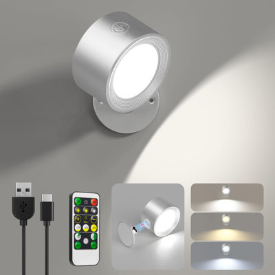  LED Reading Lights, Wall Lights Sconces with Remote Rechargeable Battery Operated, 3 Color Temperatures & Dimmable Light Magnetic Ball 360°Rotation, Lamps for Study Bedside Closet(Silver)