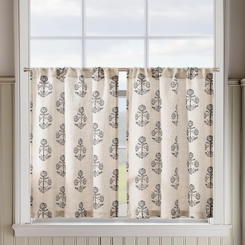 Rideaux en lin à motif floral avec passe-tringle, L 26 po x L 24 po, Noir, noir, noir, noir