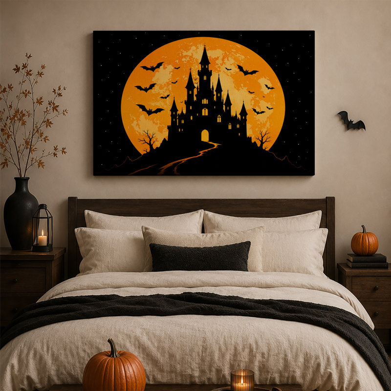 Silhouette de château noir avec chauves-souris et lune orange, H 20 po x l 30 po
