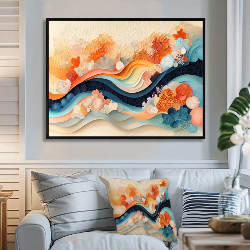 Abstrait corail vagues océaniques de l'éternité V - corail, art mural, H 34 po x l 44 po, Floater Framed, Noir