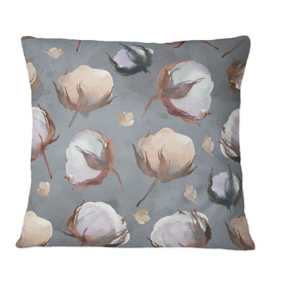 Coussin en coton à imprimé de bourgeons de coton sur fond gris