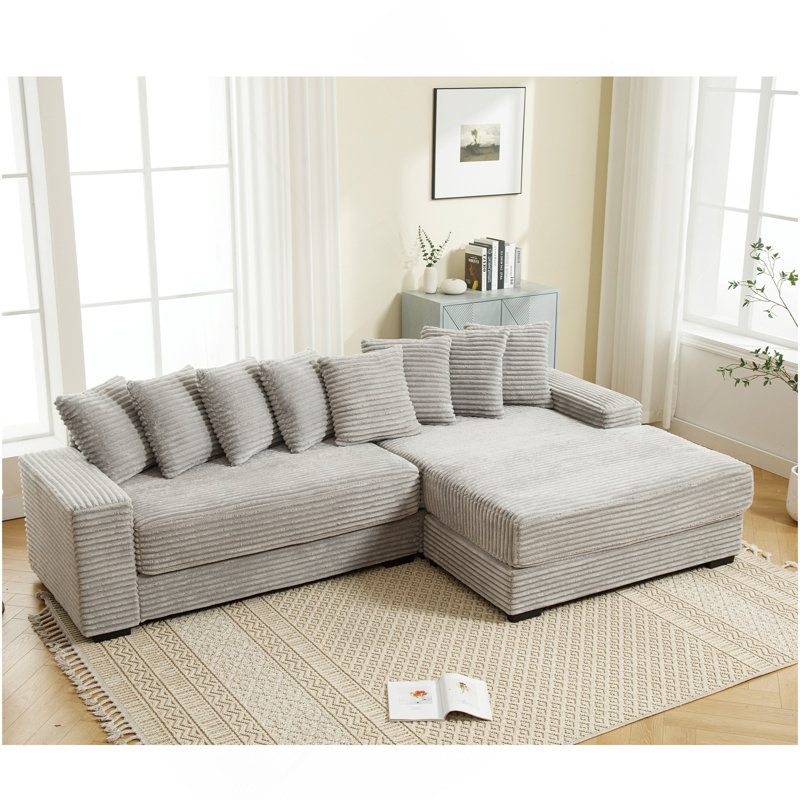 Canapés surdimensionnés en deux pièces, canapé en L, méridienne droite, avec accoudoirs, huit coussins décoratifs, canapé d'angle, facile à assembler, gris