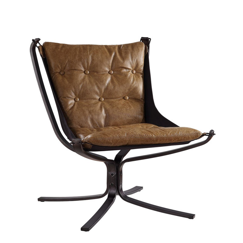 Fauteuil d'appoint, cuir fleur rétro bleu, Cuir véritable café
